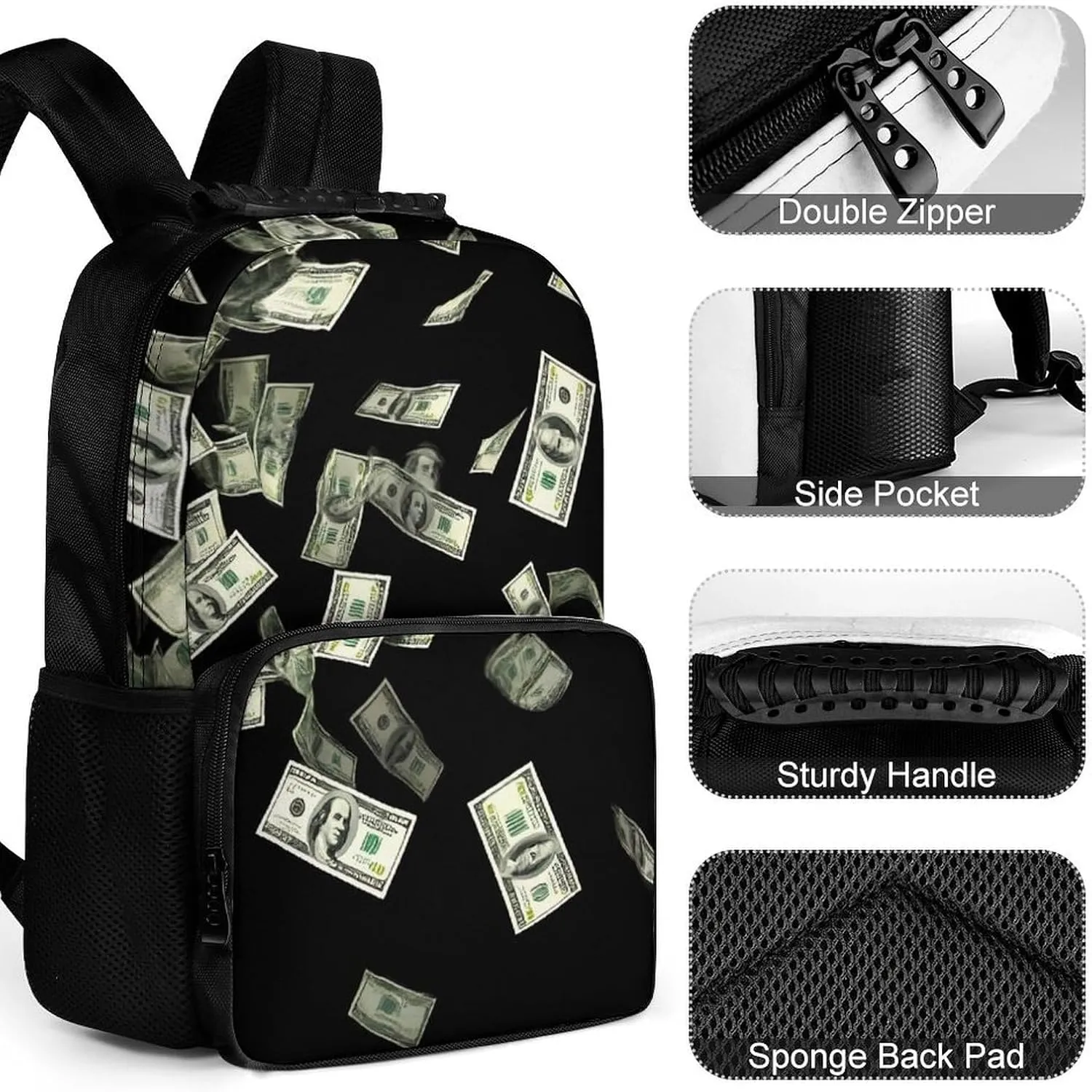 Supdreamc Lightweight Daypack Backpack for Trekking Work Running - Big Capacity Multipurpose Anti-Theft Bookbag, Falling Money American Bill Dollars Business Computer Bag