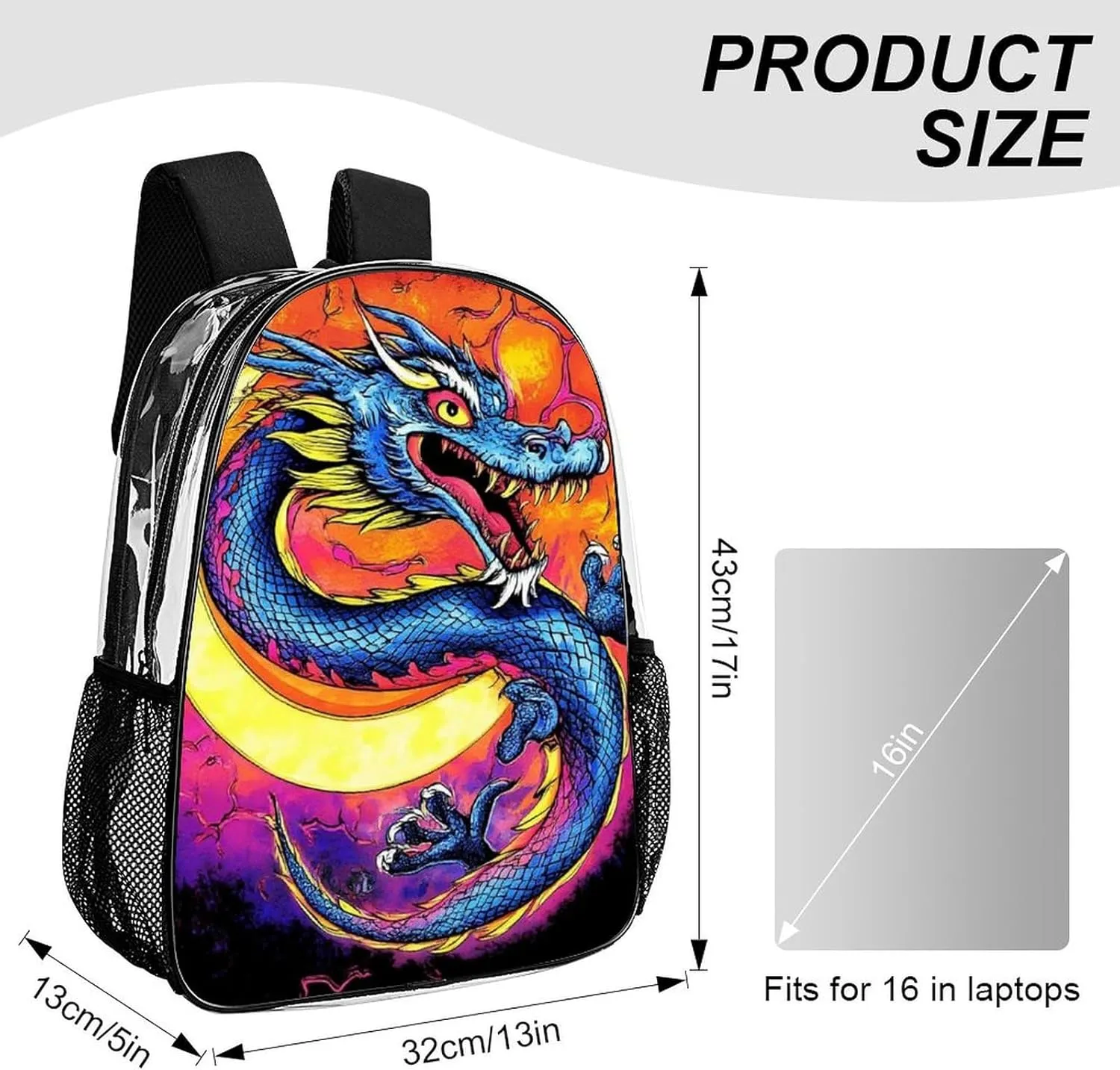 Supdreamc Transparent Daypack Backpack for Trekking Picnic Walking Cycling - Large Capacity Anti-Theft Multipurpose Shoulder Bag, Mystery Dragon Trippy Art Casual Daypack