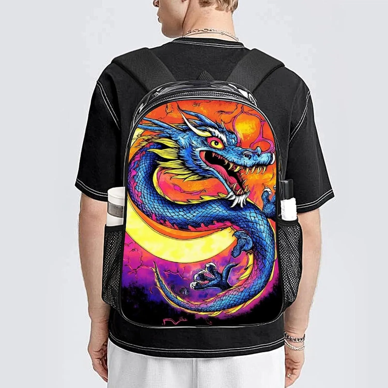 Supdreamc Transparent Daypack Backpack for Trekking Picnic Walking Cycling - Large Capacity Anti-Theft Multipurpose Shoulder Bag, Mystery Dragon Trippy Art Casual Daypack