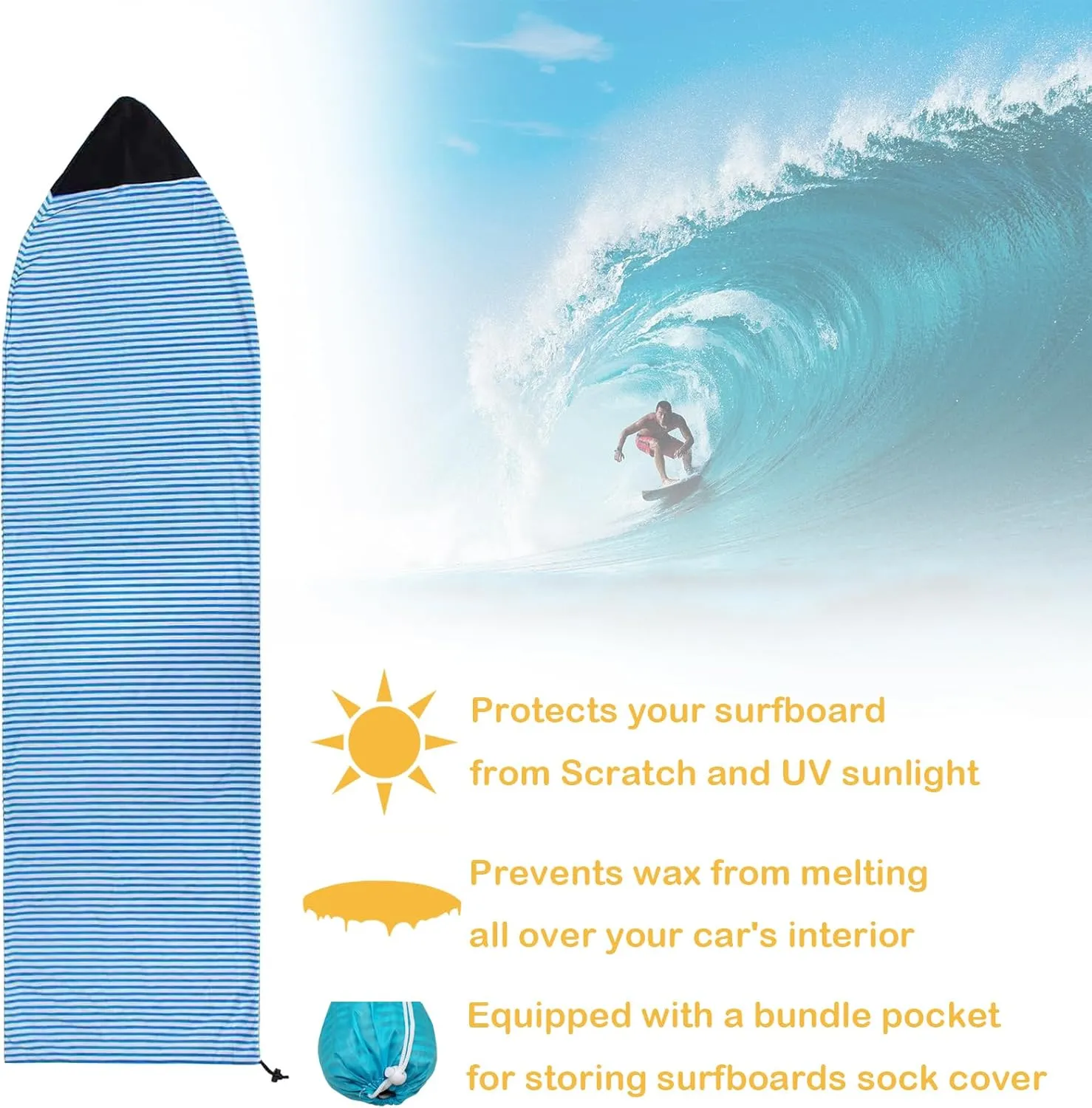 Surf Sock, Surfboard Sock Cover for Longboard Paddleboard Surf Board Sup Paddle Board, 6-8 FT Foot Quick Dry Stretch Surfboard Bag Sleeve with Drawstring Closure