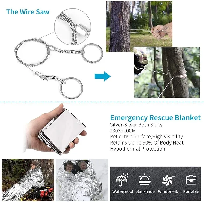 Survival Gear Kits Outdoor Survival Gear Tool for Trip,with Fire Starter, Whistle, Wood Cutter, Tactical Pen for Camping, Hiking, Climbing for Wilderness/Trip/Cars/Hiking/Camping