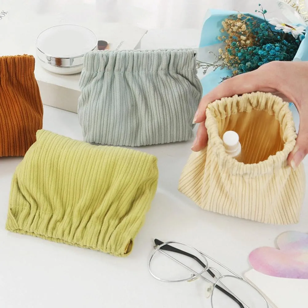 SZELL Pocket Cosmetic Bag Corduroy Elastic Self-Closing Pouches Waterproof Coin Purse for Makeup Lipstick Earphones Jewelry Organizer (Brown)