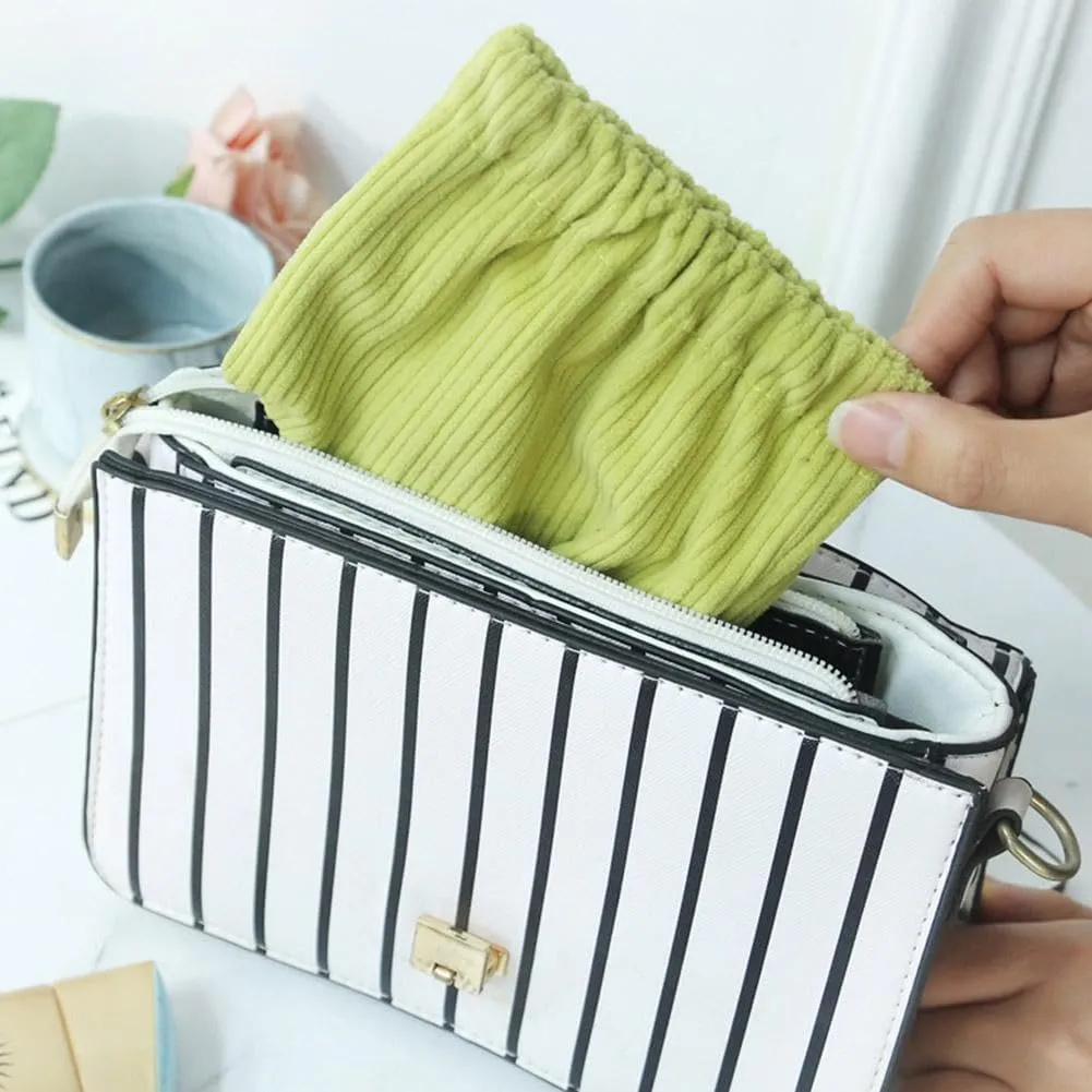 SZELL Pocket Cosmetic Bag Corduroy Elastic Self-Closing Pouches Waterproof Coin Purse for Makeup Lipstick Earphones Jewelry Organizer (Brown)