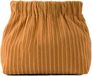 SZELL Pocket Cosmetic Bag Corduroy Elastic Self-Closing Pouches Waterproof Coin Purse for Makeup Lipstick Earphones Jewelry Organizer (Brown)