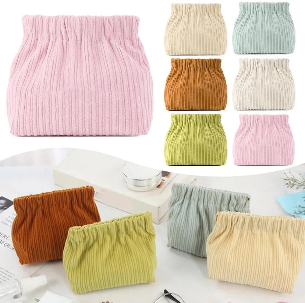 SZELL Pocket Cosmetic Bag Corduroy Elastic Self-Closing Pouches Waterproof Coin Purse for Makeup Lipstick Earphones Jewelry Organizer (Brown)