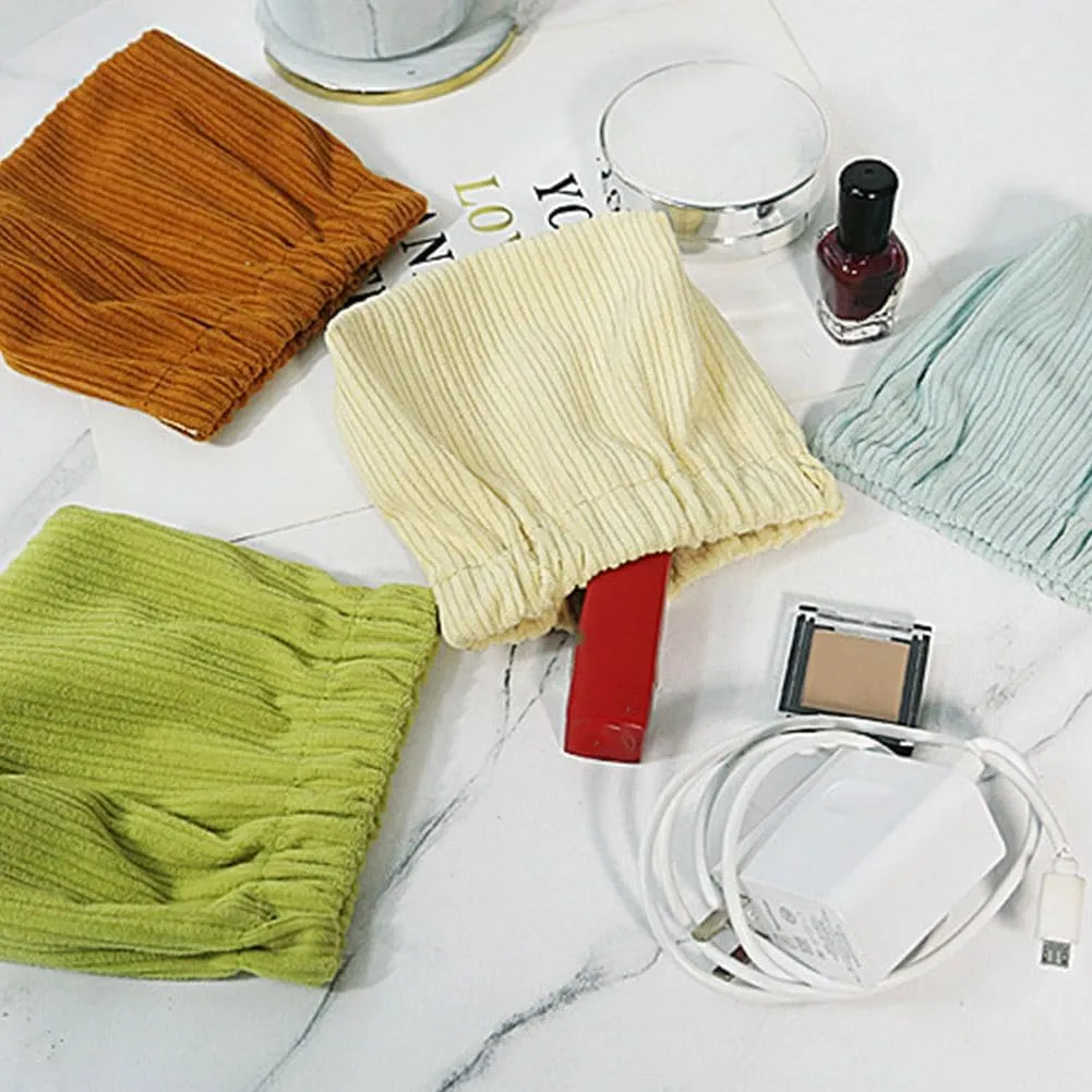 SZELL Pocket Cosmetic Bag Corduroy Elastic Self-Closing Pouches Waterproof Coin Purse for Makeup Lipstick Earphones Jewelry Organizer (Brown)