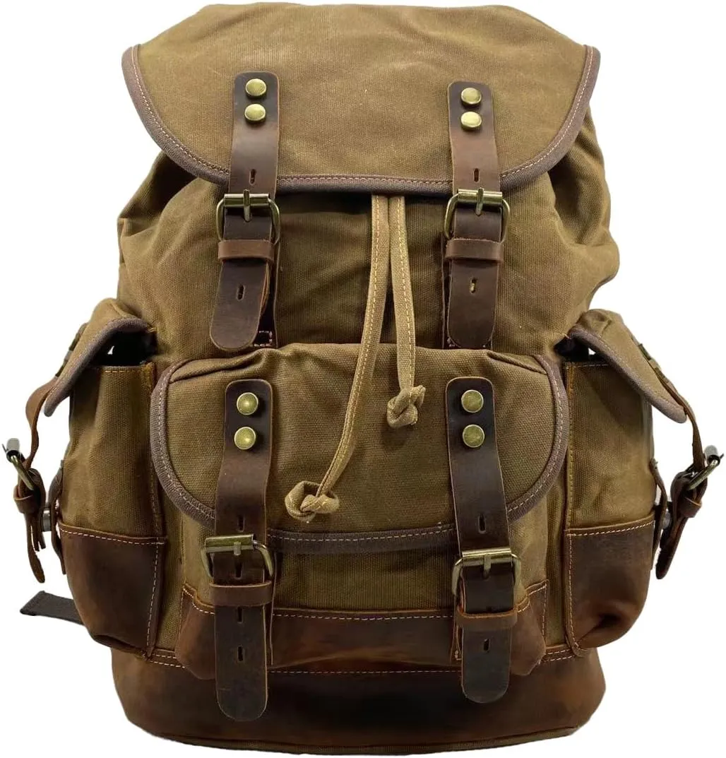 Tactical Backpack Military Molle Hiking 20-35L Water-repellent wax canvas bag travel in khaki