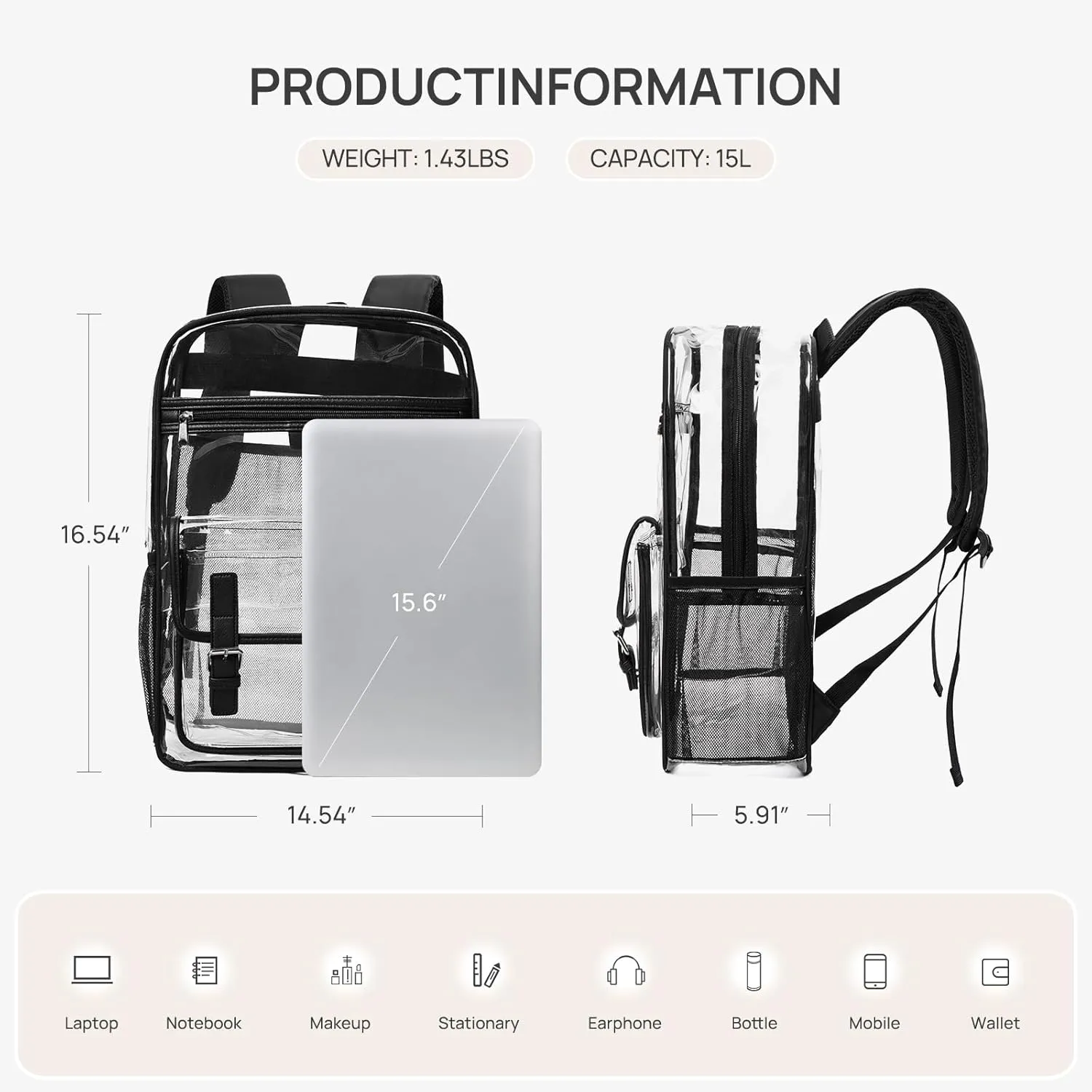 Telena Clear Backpack with Multi-pockets, Heavy Duty TPU Transparent Bag with Reinforced Straps, Large See Through Bookbag for College, Work - Black