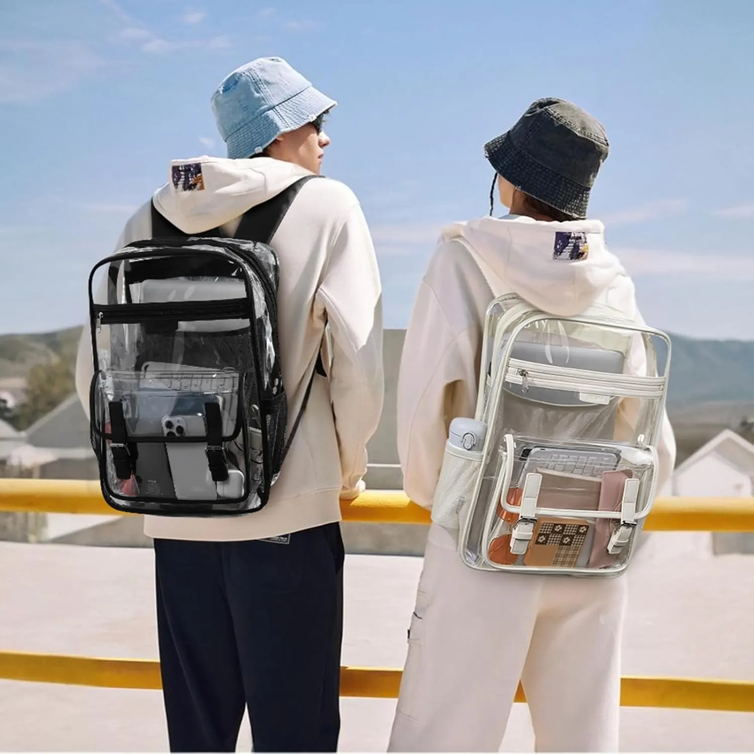 Telena Clear Backpack with Multi-pockets, Heavy Duty TPU Transparent Bag with Reinforced Straps, Large See Through Bookbag for College, Work - Black