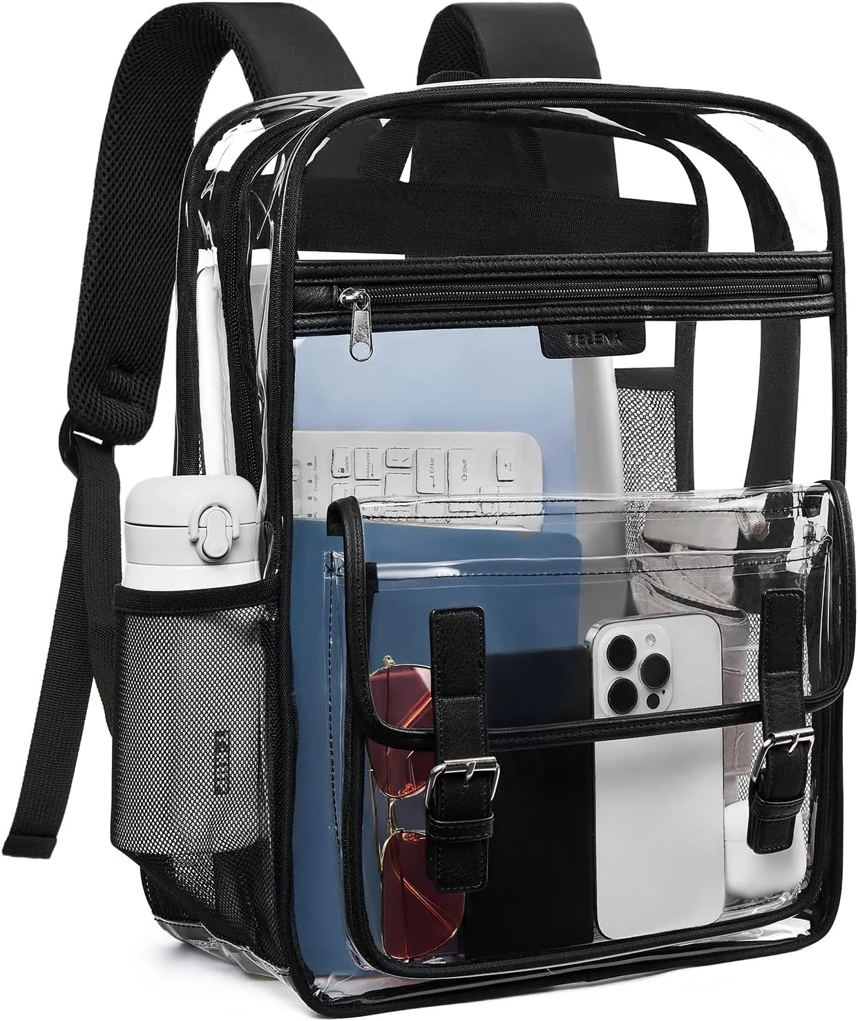 Telena Clear Backpack with Multi-pockets, Heavy Duty TPU Transparent Bag with Reinforced Straps, Large See Through Bookbag for College, Work - Black