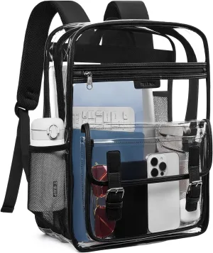 Telena Clear Backpack with Multi-pockets, Heavy Duty TPU Transparent Bag with Reinforced Straps, Large See Through Bookbag for College, Work - Black