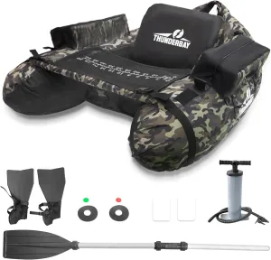 ThunderBay Inflatable Float Tube, Fishing Float Tube with Paddle, Flippers, Fish Ruler, Pump, Storage Pockets, Adjustable Backpack Straps, 350LBS Load Bearing Capacity Belly Boat