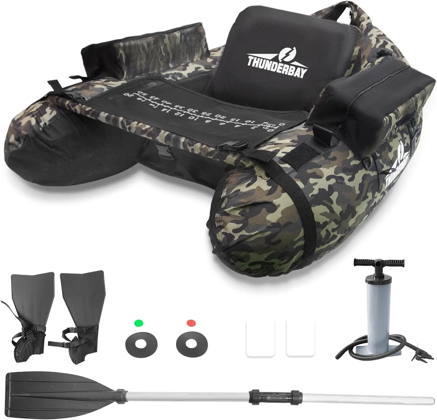 ThunderBay Inflatable Float Tube, Fishing Float Tube with Paddle, Flippers, Fish Ruler, Pump, Storage Pockets, Adjustable Backpack Straps, 350LBS Load Bearing Capacity Belly Boat