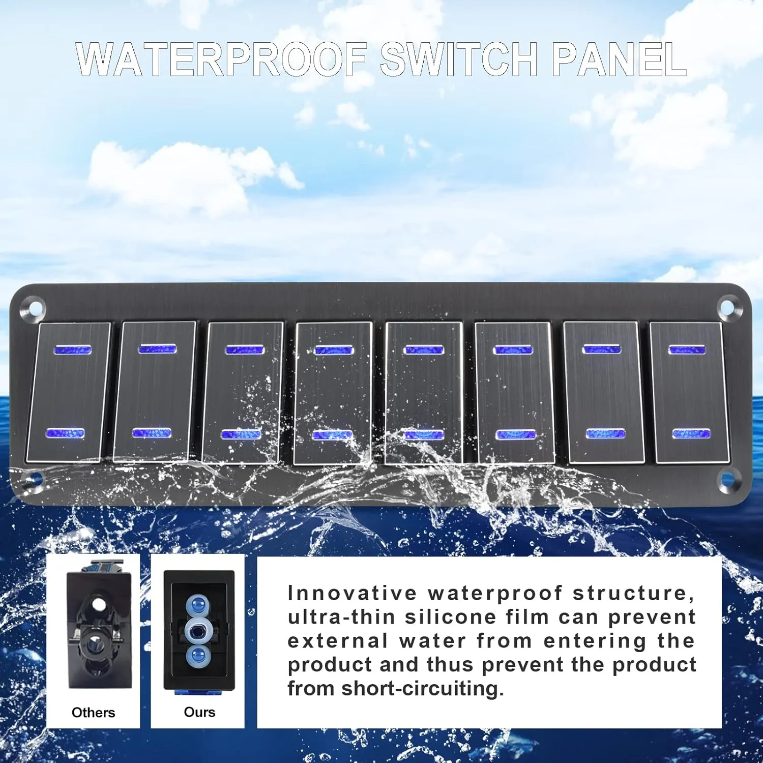 Toggle Switch Panel 8 Gang Waterproof Aluminum Rocker Switch Panel 12V/24V On-Off 3 Pin Switch Panel Blue LED Light Pre-Wired Switch Panel for Marine Boat Automotive Car RV Truck Jeeps UTV Vehicles