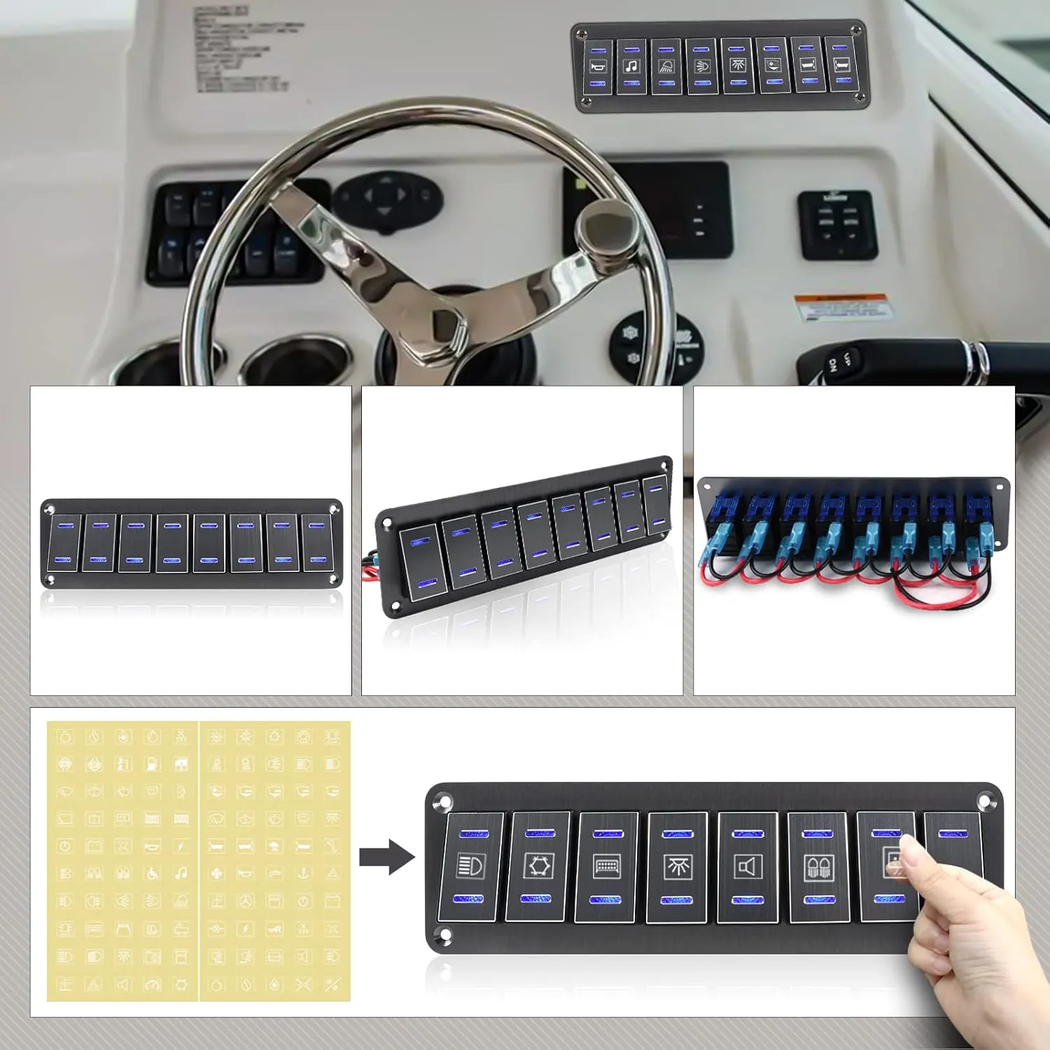 Toggle Switch Panel 8 Gang Waterproof Aluminum Rocker Switch Panel 12V/24V On-Off 3 Pin Switch Panel Blue LED Light Pre-Wired Switch Panel for Marine Boat Automotive Car RV Truck Jeeps UTV Vehicles