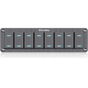 Toggle Switch Panel 8 Gang Waterproof Aluminum Rocker Switch Panel 12V/24V On-Off 3 Pin Switch Panel Blue LED Light Pre-Wired Switch Panel for Marine Boat Automotive Car RV Truck Jeeps UTV Vehicles