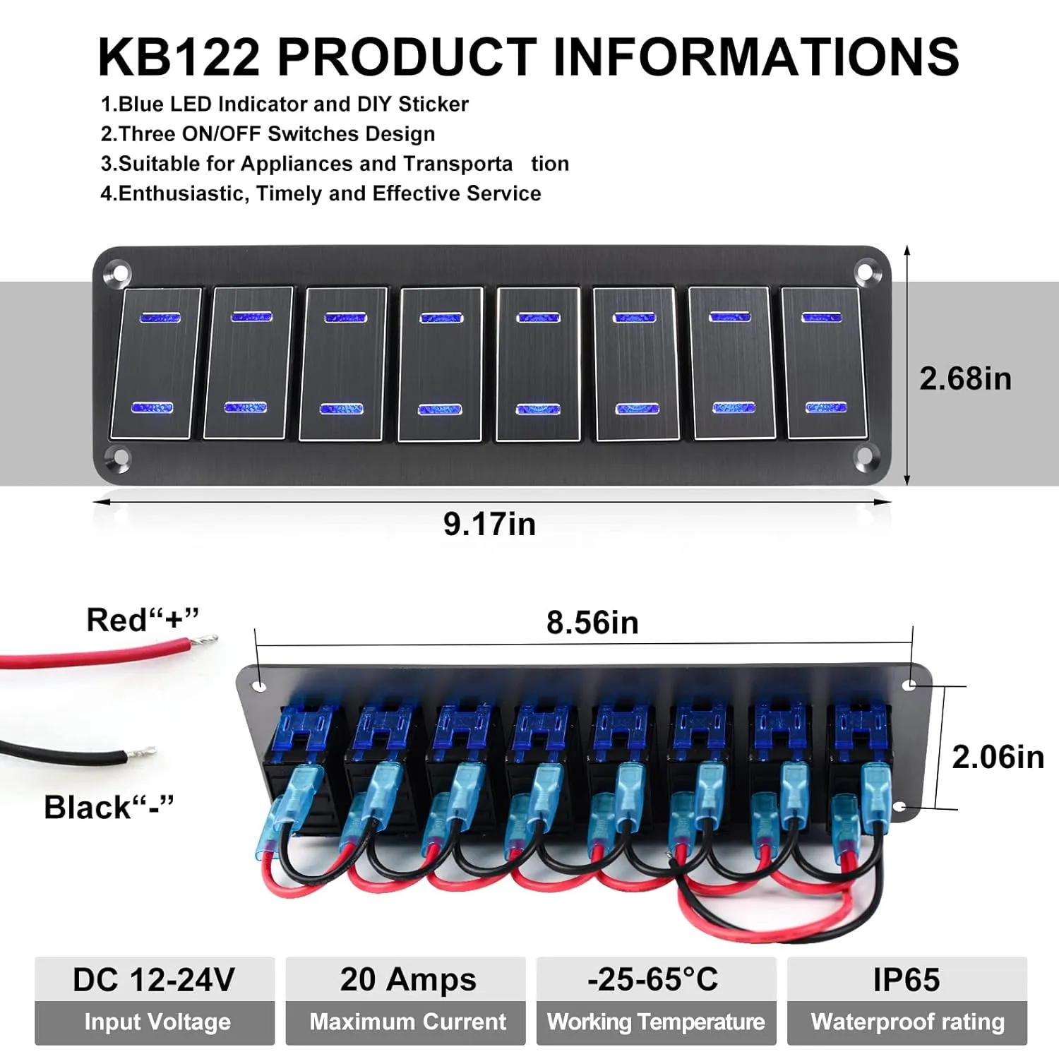 Toggle Switch Panel 8 Gang Waterproof Aluminum Rocker Switch Panel 12V/24V On-Off 3 Pin Switch Panel Blue LED Light Pre-Wired Switch Panel for Marine Boat Automotive Car RV Truck Jeeps UTV Vehicles
