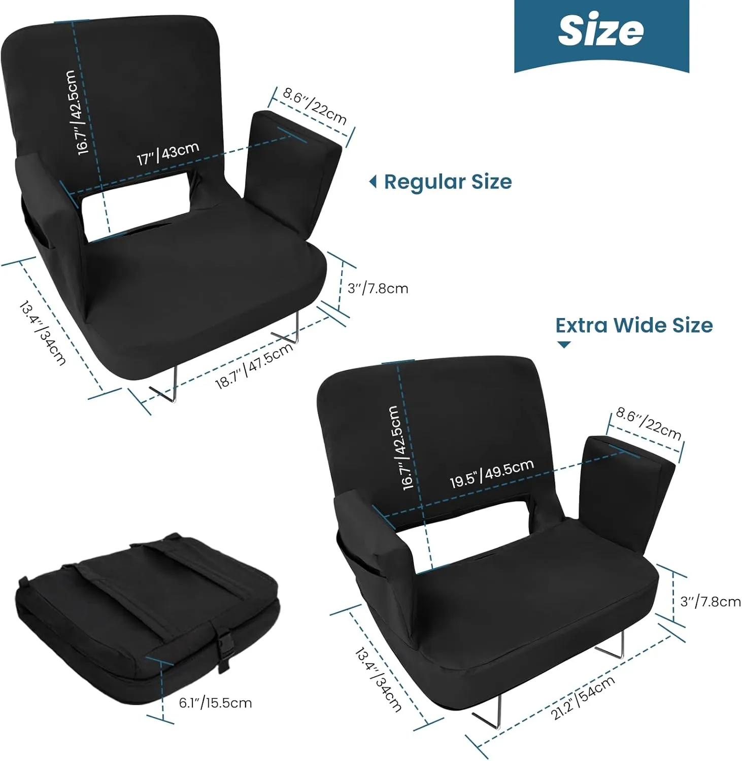 TOPSKY Stadium Seat with Back Support, Extra Wide 21.2”Width (Seat 19.5”), 3 Reclining Positions, Wide Bleacher Seats with 2 Hook, Picnic Seat (2pcs Black)
