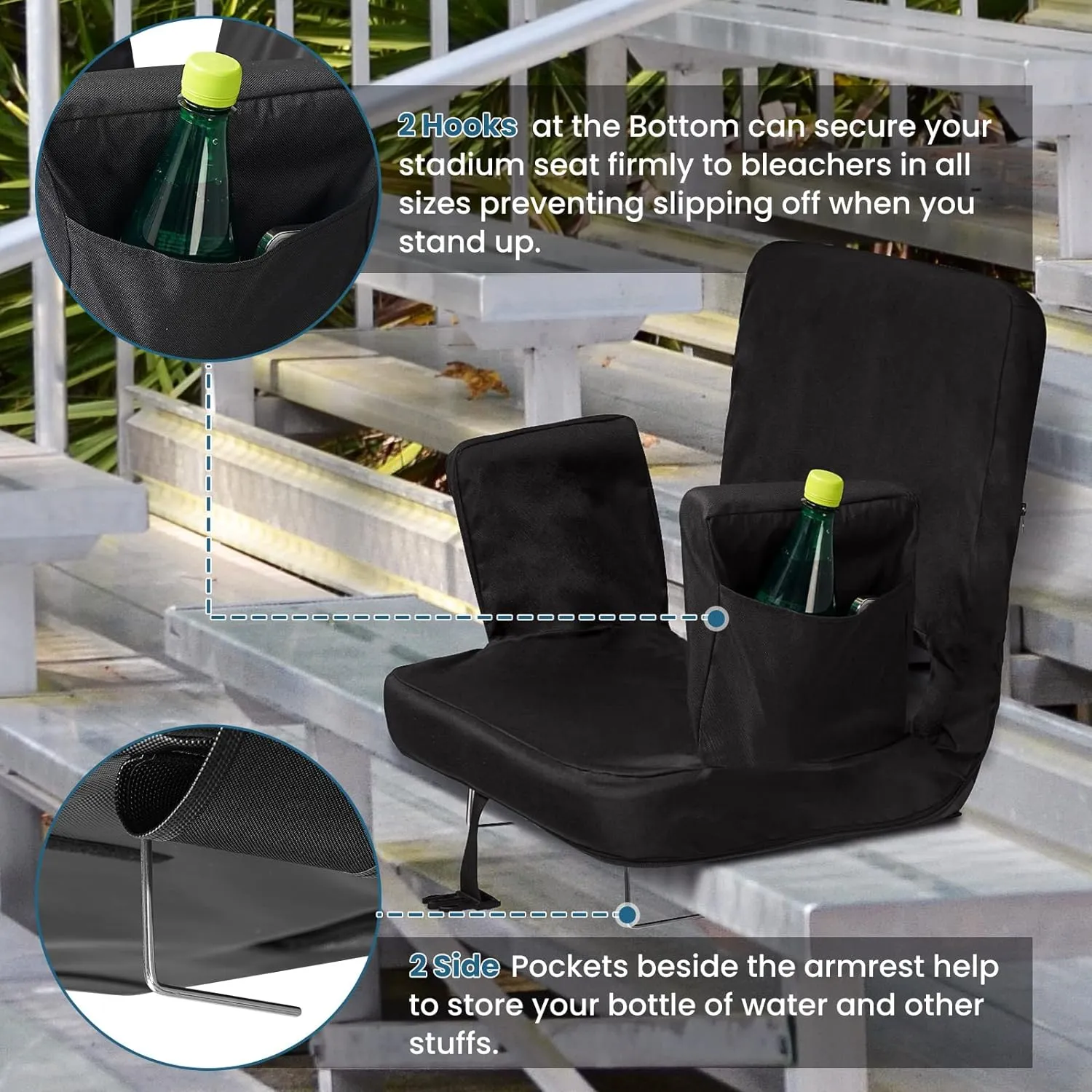 TOPSKY Stadium Seat with Back Support, Extra Wide 21.2”Width (Seat 19.5”), 3 Reclining Positions, Wide Bleacher Seats with 2 Hook, Picnic Seat (2pcs Black)