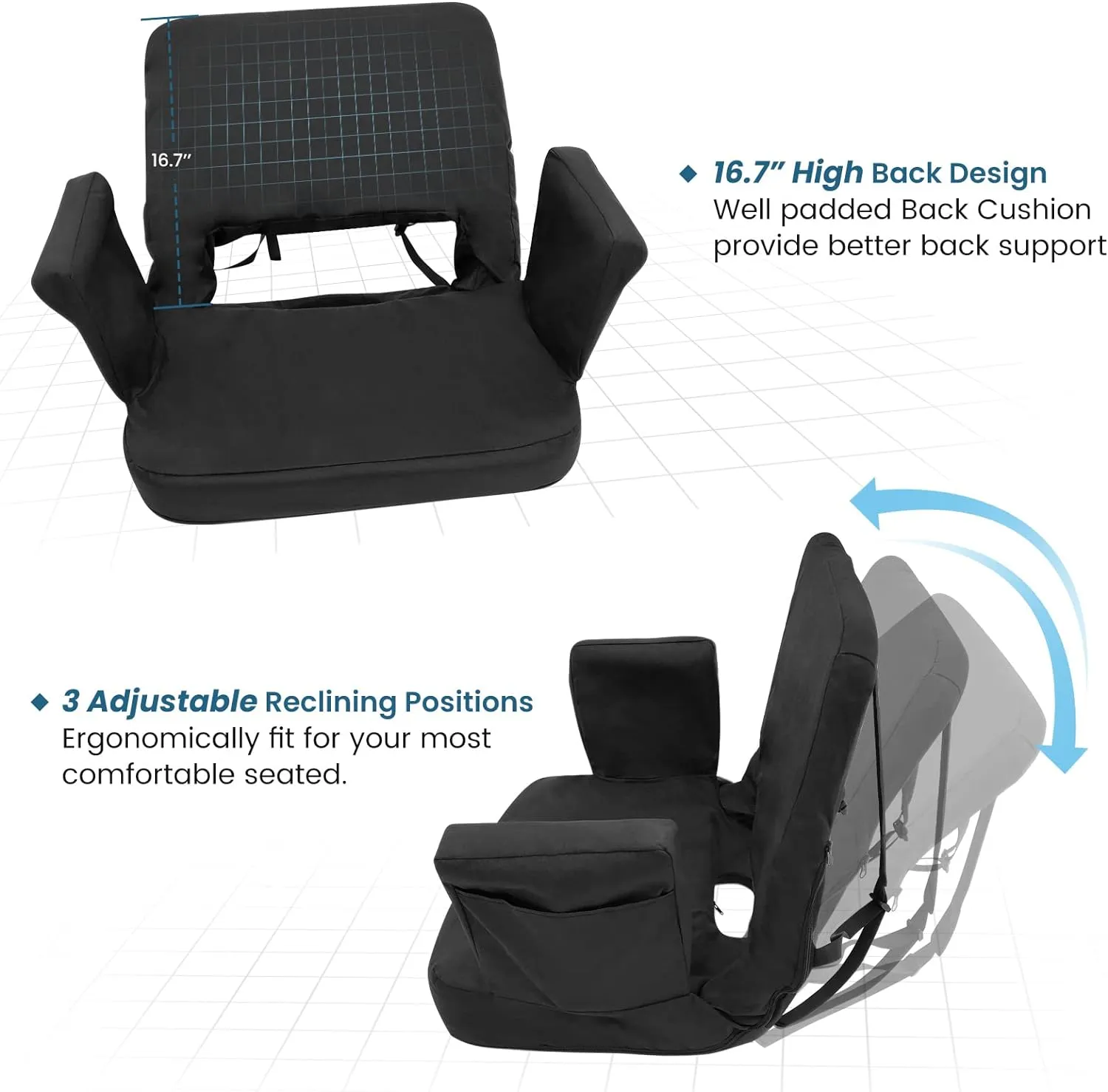 TOPSKY Stadium Seat with Back Support, Extra Wide 21.2”Width (Seat 19.5”), 3 Reclining Positions, Wide Bleacher Seats with 2 Hook, Picnic Seat (2pcs Black)