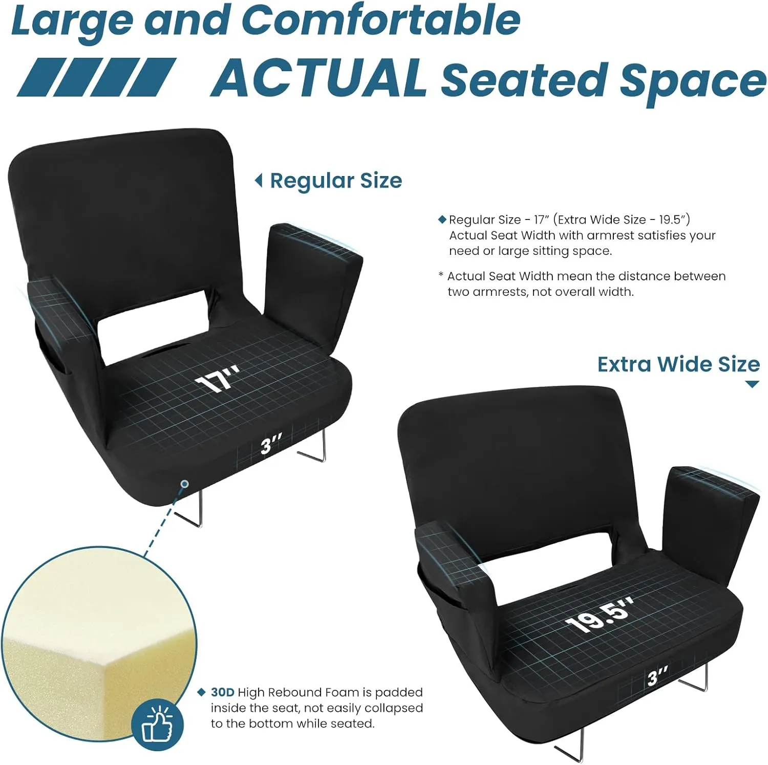 TOPSKY Stadium Seat with Back Support, Extra Wide 21.2”Width (Seat 19.5”), 3 Reclining Positions, Wide Bleacher Seats with 2 Hook, Picnic Seat (2pcs Black)