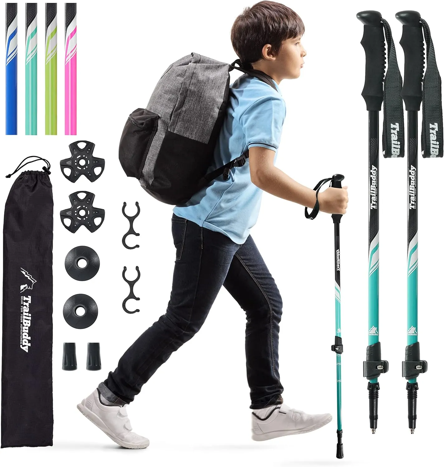 TrailBuddy Collapsible Hiking Poles for Kids - Pack of 2 Trekking Poles for Hiking, Camping & Backpacking - Lightweight, Adjustable Aluminum Walking Sticks with EVA Grip