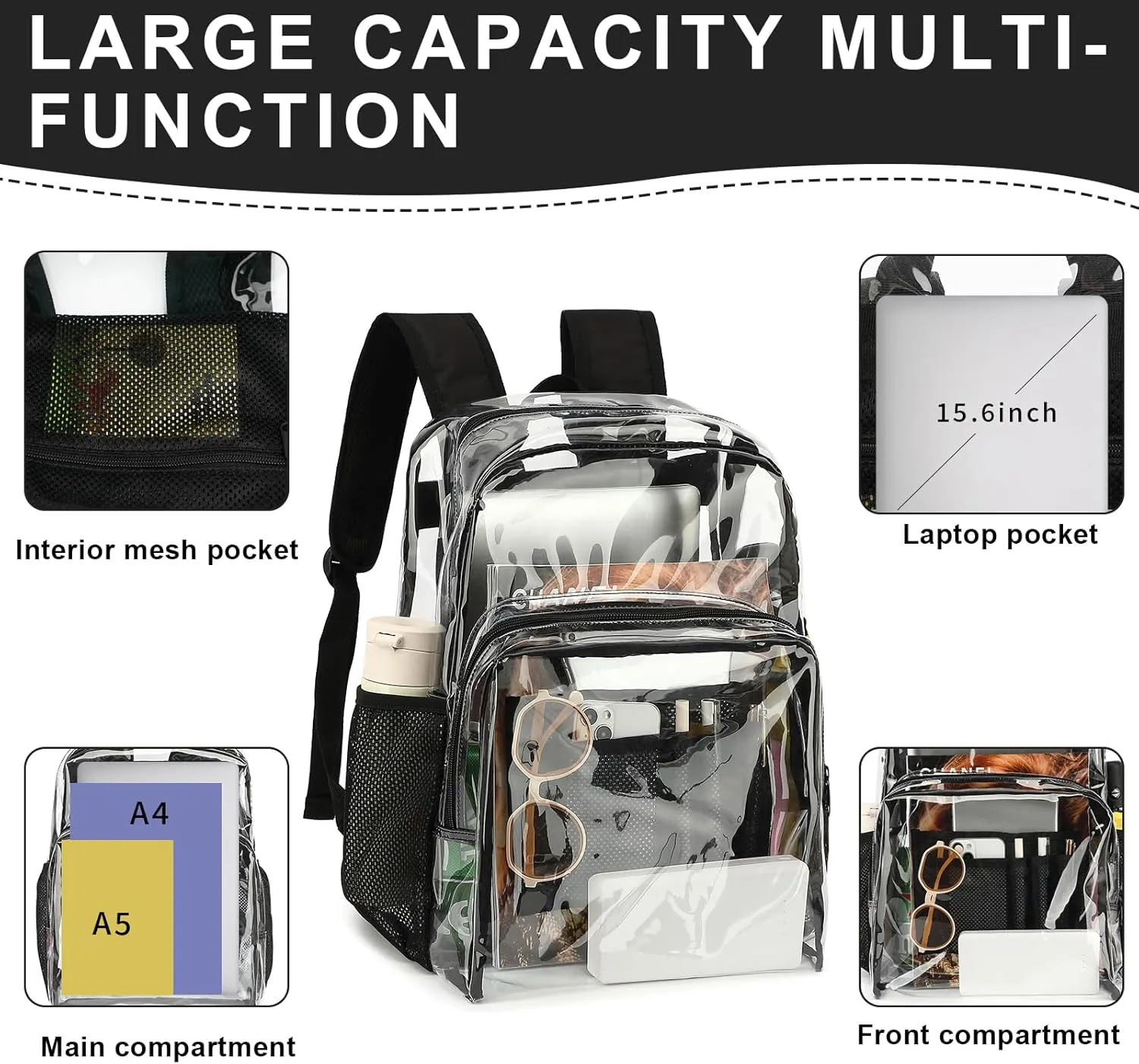 Transparent Backpacks See Through Backpack Clear Backpack Heavy Duty for College,Work,Security, Black