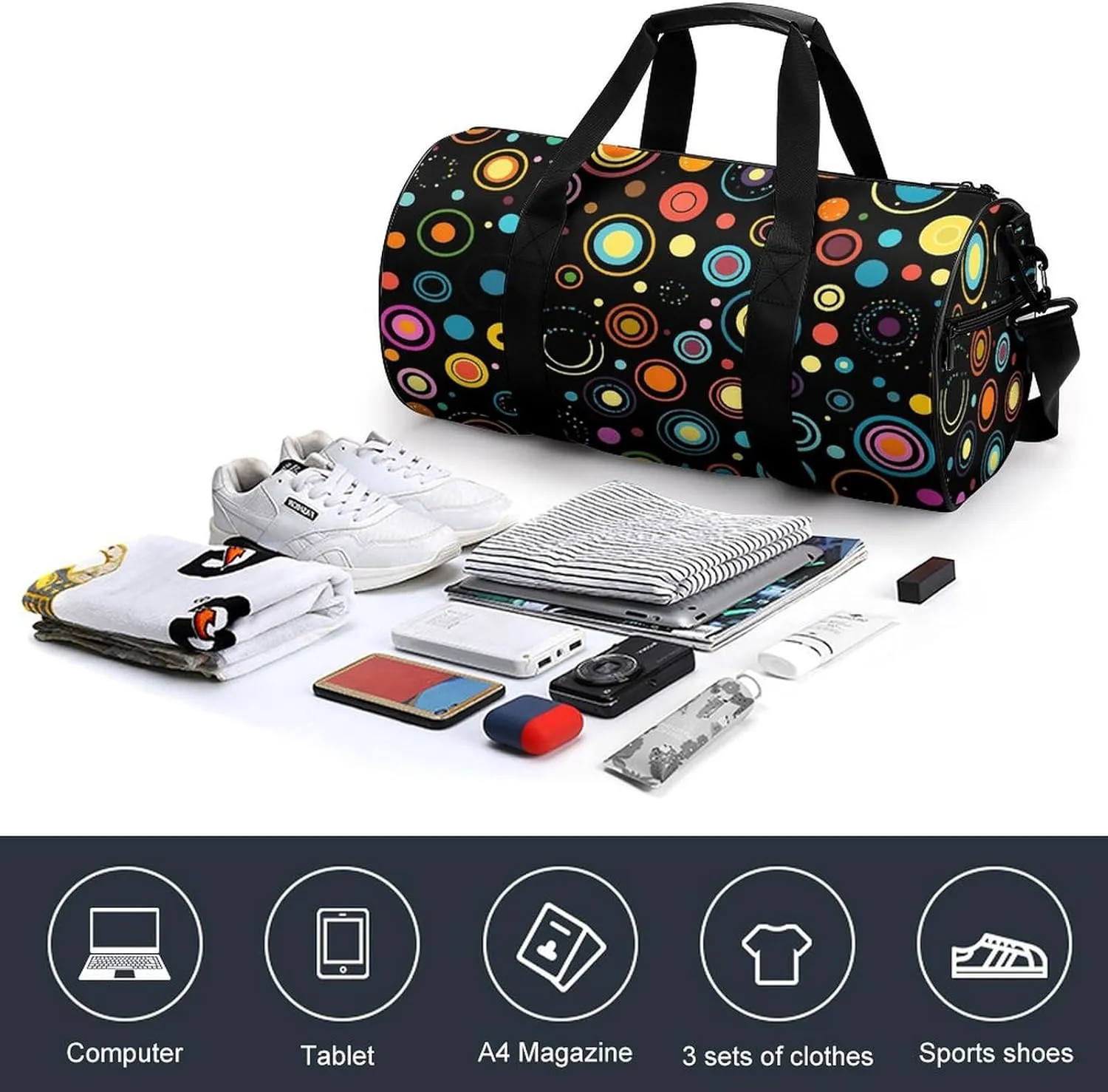 Travel Duffel Bag for Men And Women,Circle Style Doodle Waterproof Sports Fitness Bag Portable Travel Duffel Bag