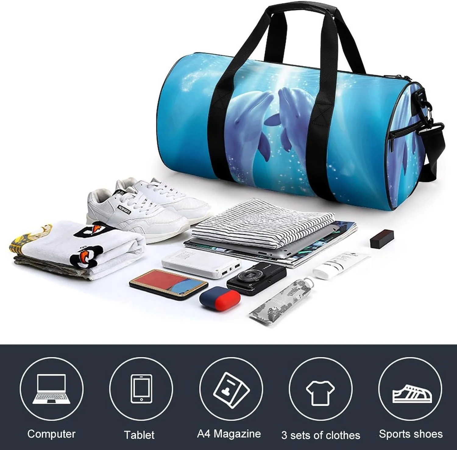 Travel Duffel Bag for Men And Women,Dolphins in Love Waterproof Sports Fitness Bag Portable Travel Duffel Bag