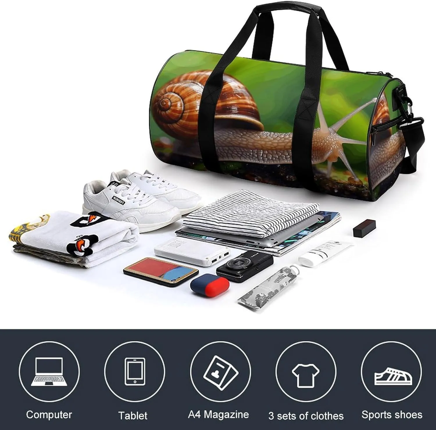 Travel Duffel Bag for Men And Women,Wildlife Animal Snail Waterproof Sports Fitness Bag Portable Travel Duffel Bag
