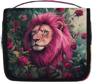 Travel Hanging Toiletry Bag for Women Men Bright Pink Lion Rose Large Makeup Organizer Portable Cosmetic Pouch Waterproof Bathroom Wash Bag