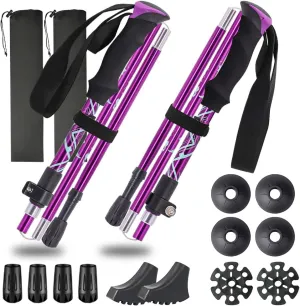 Trekking Poles, Aluminum Alloy Ultralight 0.6lbs, 100kg Load, Collapsible Hiking Poles Walksticks for Backpacking, Hiking, Camping, One Pair (2 Poles), Quick Lock, 12 pcs Tips Cover, Purple