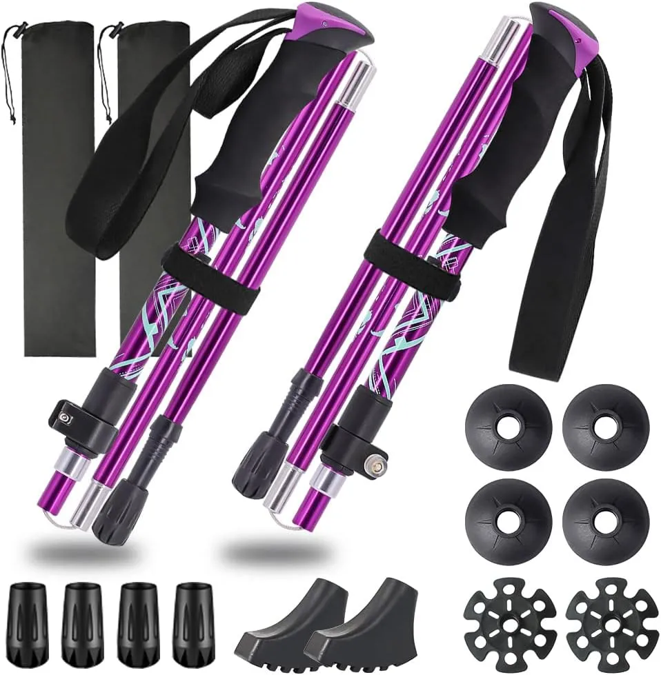 Trekking Poles, Aluminum Alloy Ultralight 0.6lbs, 100kg Load, Collapsible Hiking Poles Walksticks for Backpacking, Hiking, Camping, One Pair (2 Poles), Quick Lock, 12 pcs Tips Cover, Purple