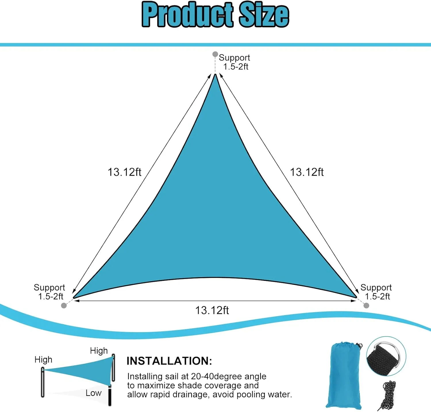 Triangle Sun Shade Sail, Shade Cloth Fabric Sunlight Block Patio Cover, Outdoor Canopy Cover UV Block for Backyard Porch Pergola Deck Garden Patio (Blue, 13'x13'x13')