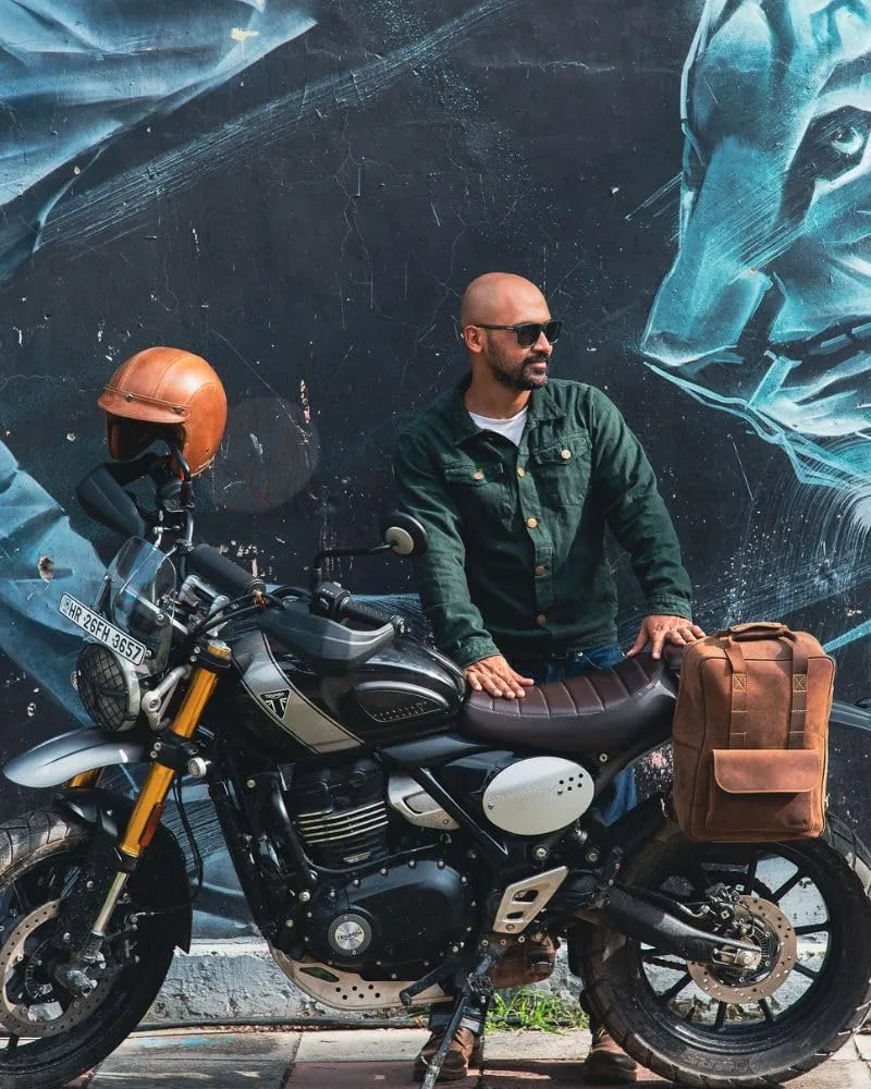 Trip Machine Company Genuine Leather Handcrafted Motorcycle Backpack Pannier, Detachable Laptop Sleeve, Heavy Duty 2.2mm Leather Saddle Bag With Mounting Straps & Rain Cover (Tobacco Brown)