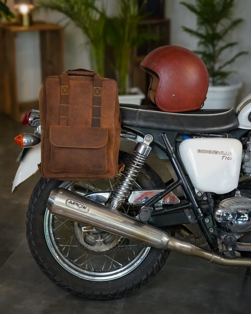 Trip Machine Company Genuine Leather Handcrafted Motorcycle Backpack Pannier, Detachable Laptop Sleeve, Heavy Duty 2.2mm Leather Saddle Bag With Mounting Straps & Rain Cover (Tobacco Brown)