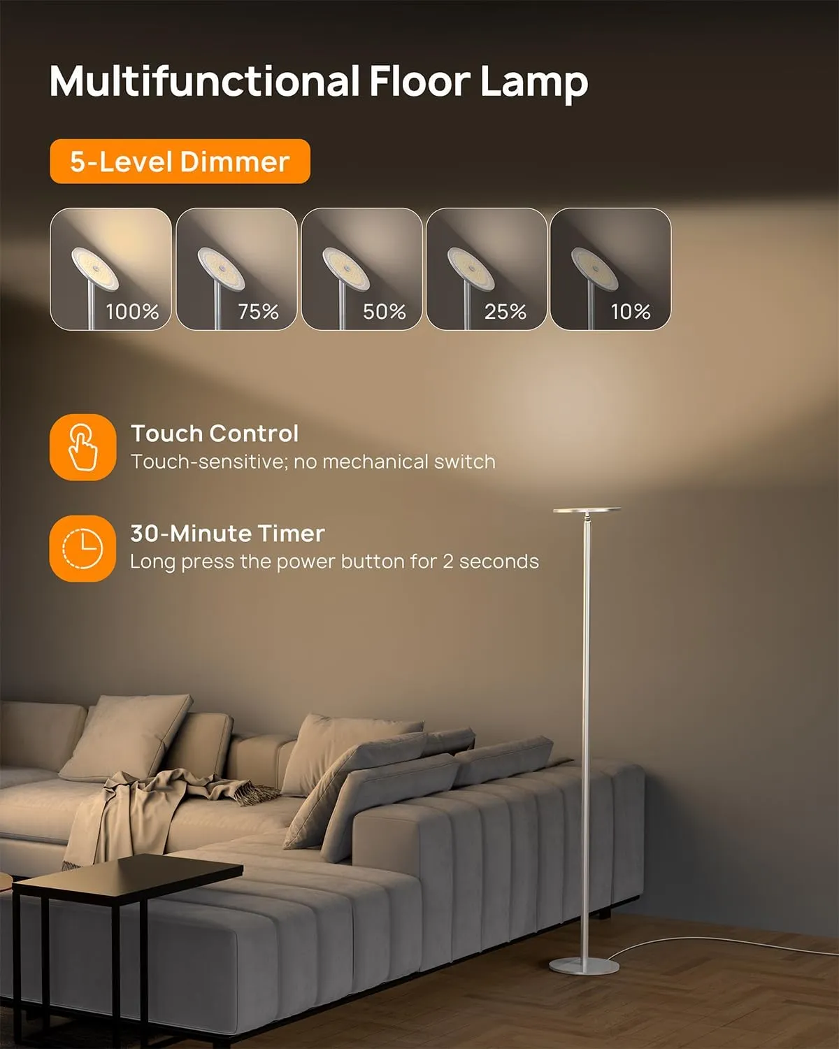 TROND Floor Lamp, 5000LM Super Bright Sky LED Modern Torchiere Standing Lamp, 3000K Warm White with 5-Level Dimmable, 71 in Tall Pole Light, 30-Minute Timer, Modular Rod, Wall Switch Compatible