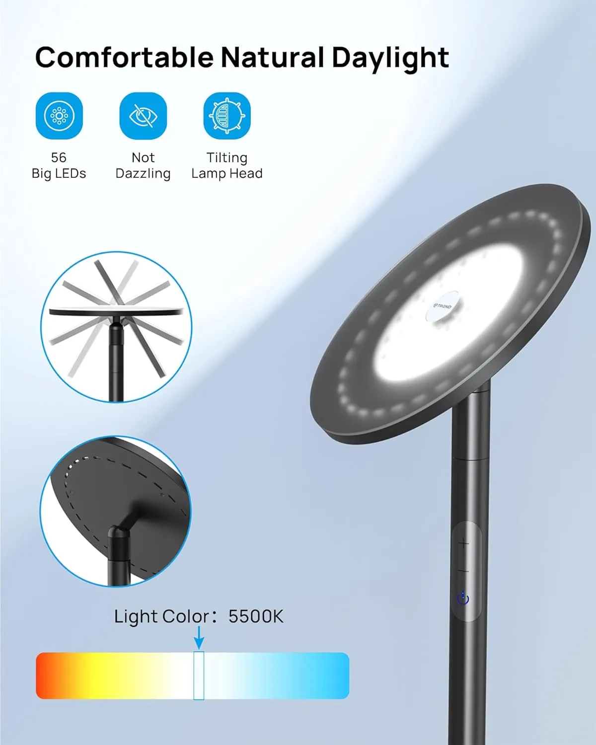 TROND Floor Lamp, Bright Sky LED Modern Torchiere Lamp, 71 in Tall Aluminum Pole Light, 5500K Natural Daylight Standing Light, Touch 5-Level Dimmable, 5000 lm, 30 Mins Timer for Living Room Bedroom