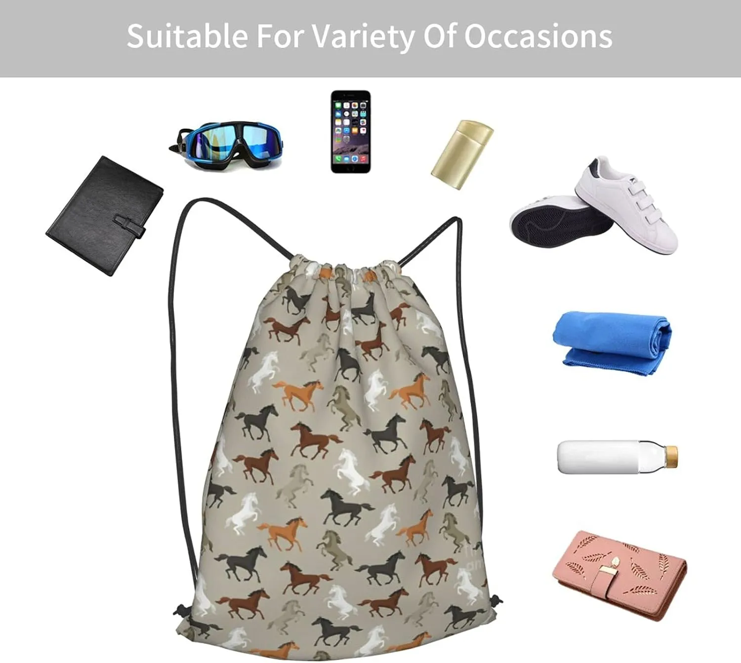 TumzfhQ Cute Horse Drawstring Backpack String Bag Sports Sackpack Gym Cinch Beach Travel Sack for Men Women