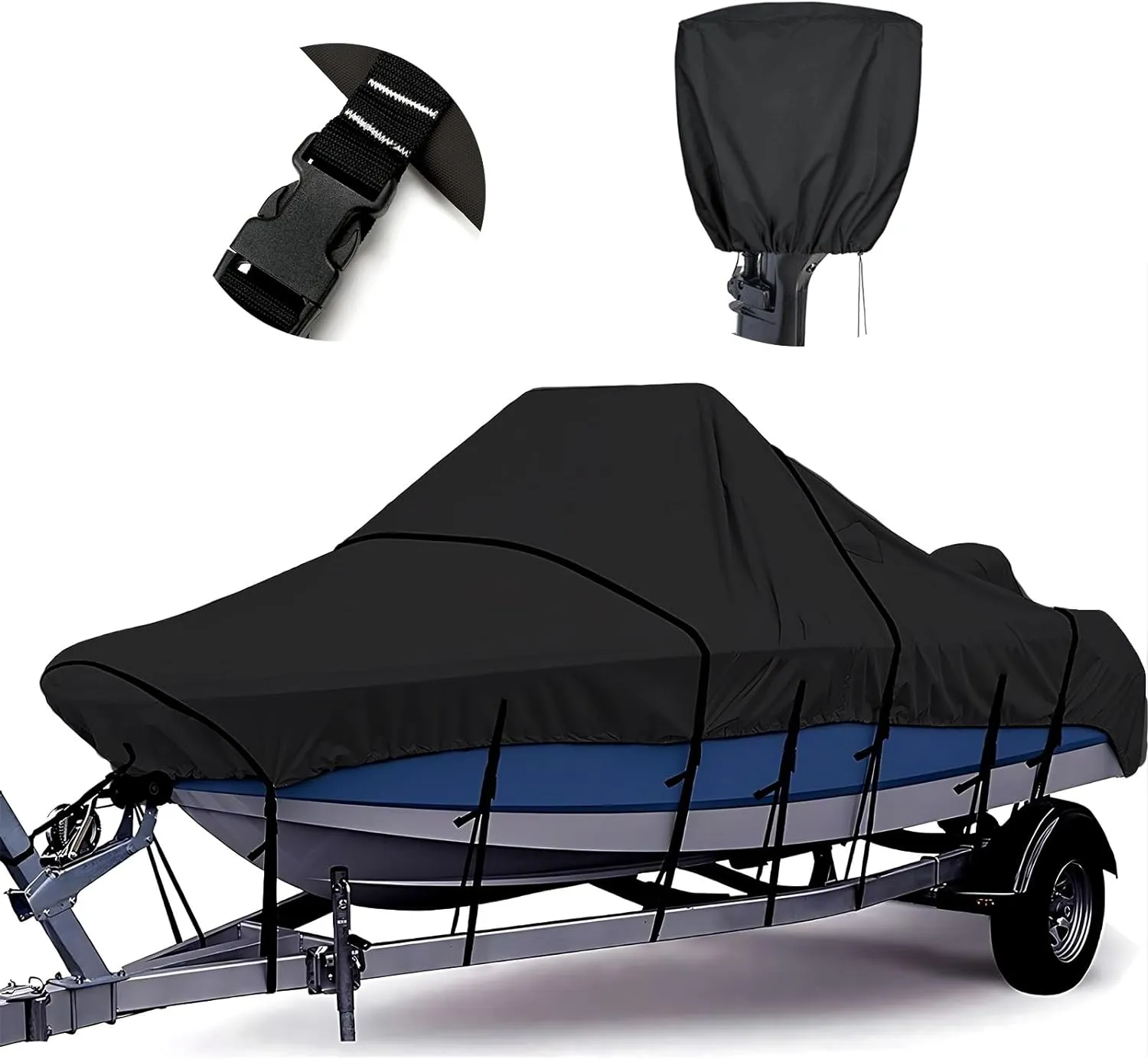 Tuszom True 900D 100% Waterproof Center Console Boat Cover with Motor Cover, Tear-Proof Trailerable Boat Cover for Center Console Boat with 13-19 Windproof Straps (Black, 20' - 22' L, UP to 106" W)