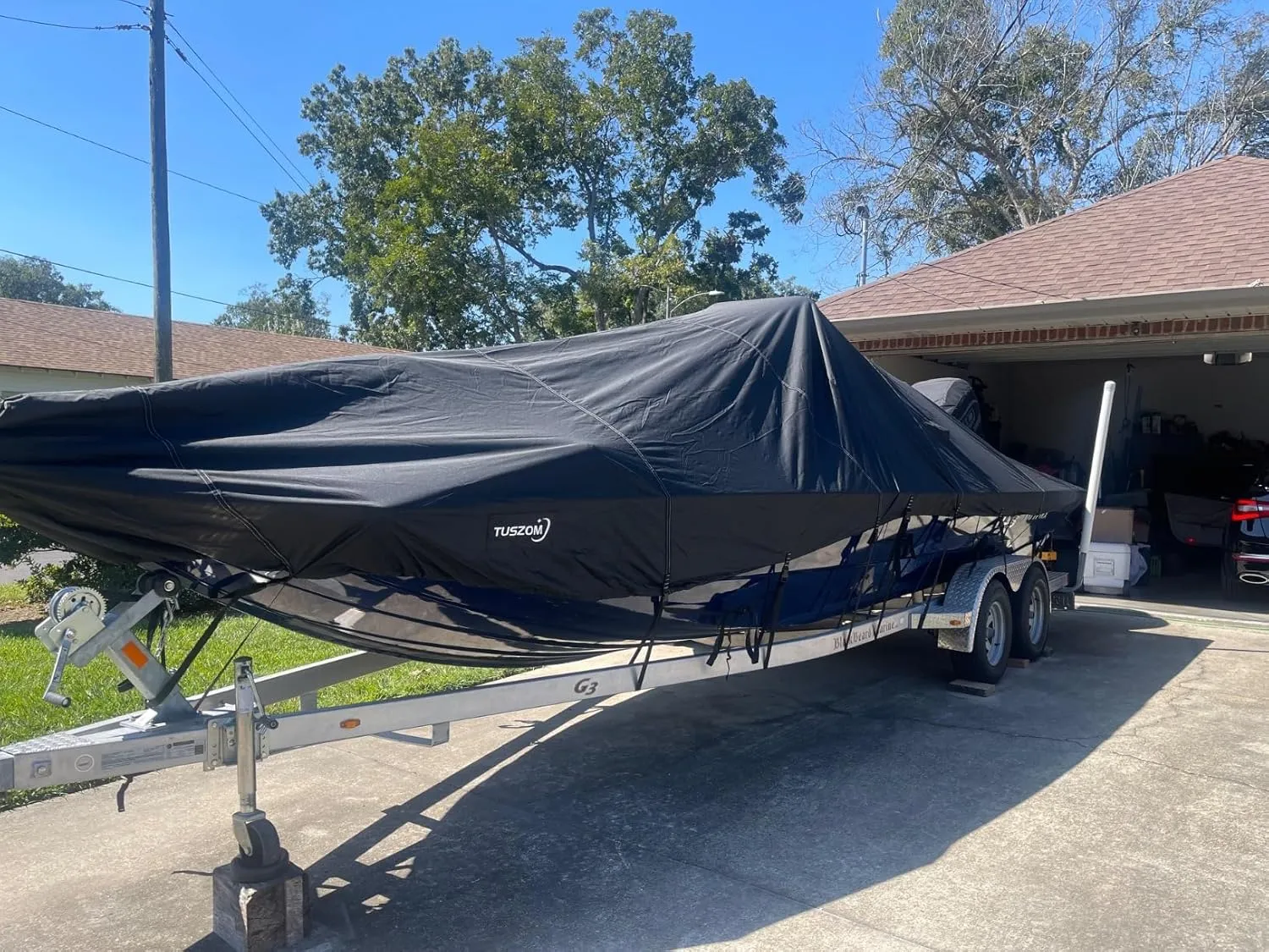 Tuszom True 900D 100% Waterproof Center Console Boat Cover with Motor Cover, Tear-Proof Trailerable Boat Cover for Center Console Boat with 13-19 Windproof Straps (Black, 20' - 22' L, UP to 106" W)