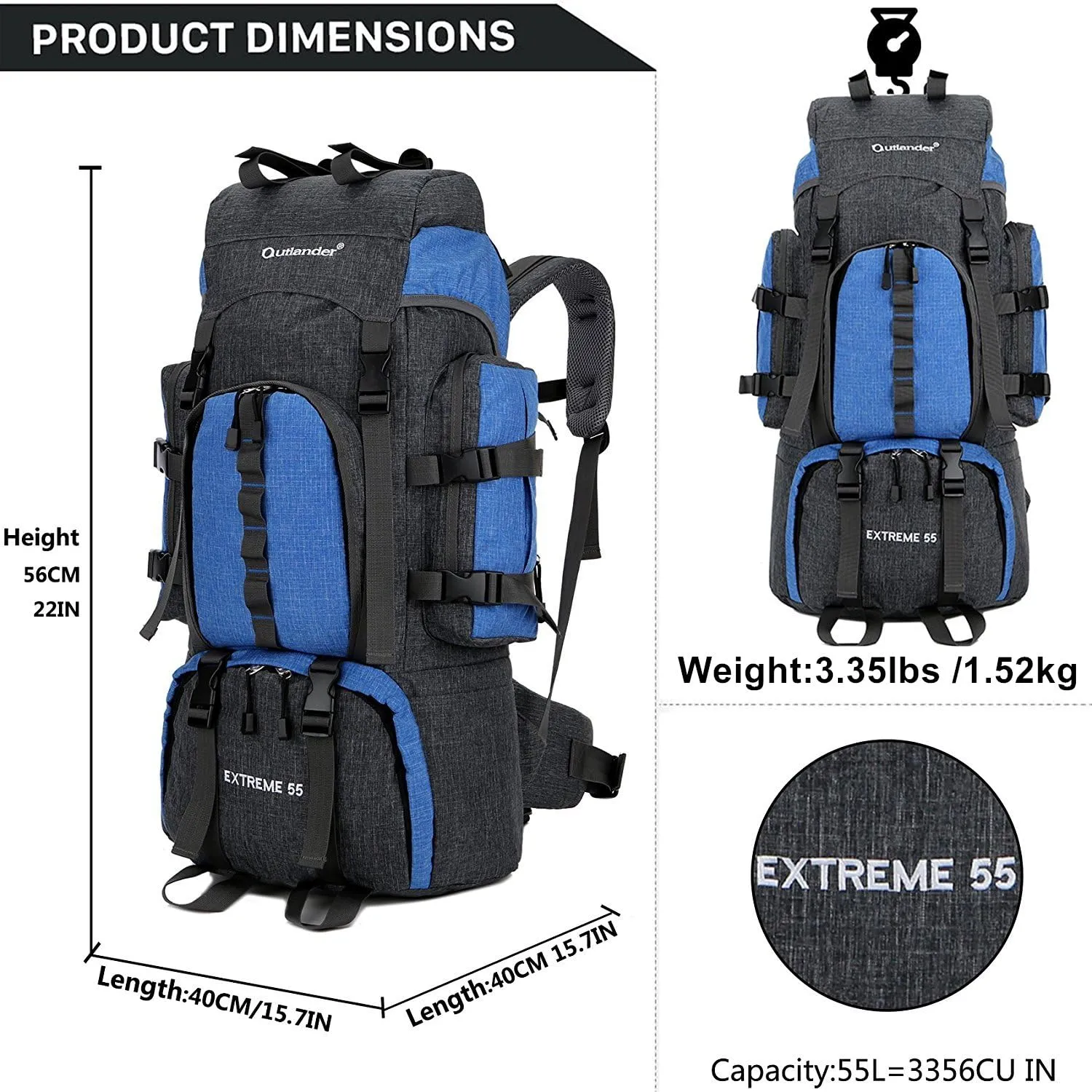 UNISTRENGH 55L Backpack Internal Frame Hiking Backpacking Waterproof Rain Cover Travel Bag for Camping Traveling Mountaineering (Blue)