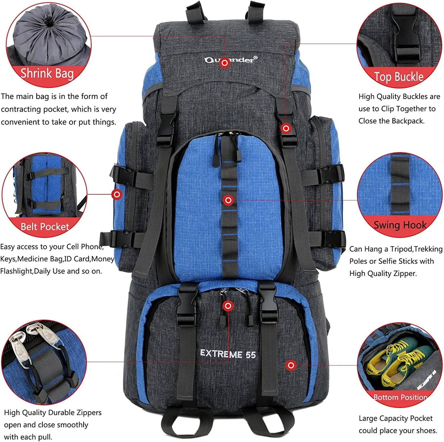 UNISTRENGH 55L Backpack Internal Frame Hiking Backpacking Waterproof Rain Cover Travel Bag for Camping Traveling Mountaineering (Blue)