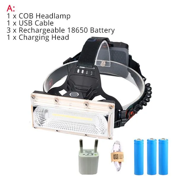 USB Power COB LED Headlight Headlamp USB Rechargeable Head Lamp Torch 18650 Battery Waterproof 3-Mode Hunting Fishing Lighting
