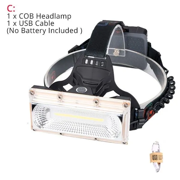 USB Power COB LED Headlight Headlamp USB Rechargeable Head Lamp Torch 18650 Battery Waterproof 3-Mode Hunting Fishing Lighting