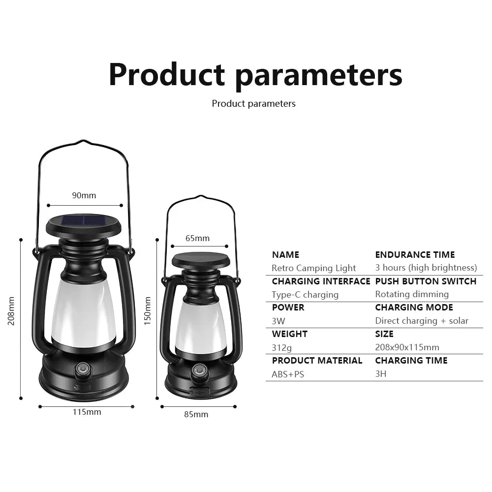 USB Rechargeable Camping Light - Portable Lanterns with Solar Charging and Stepless Dimming