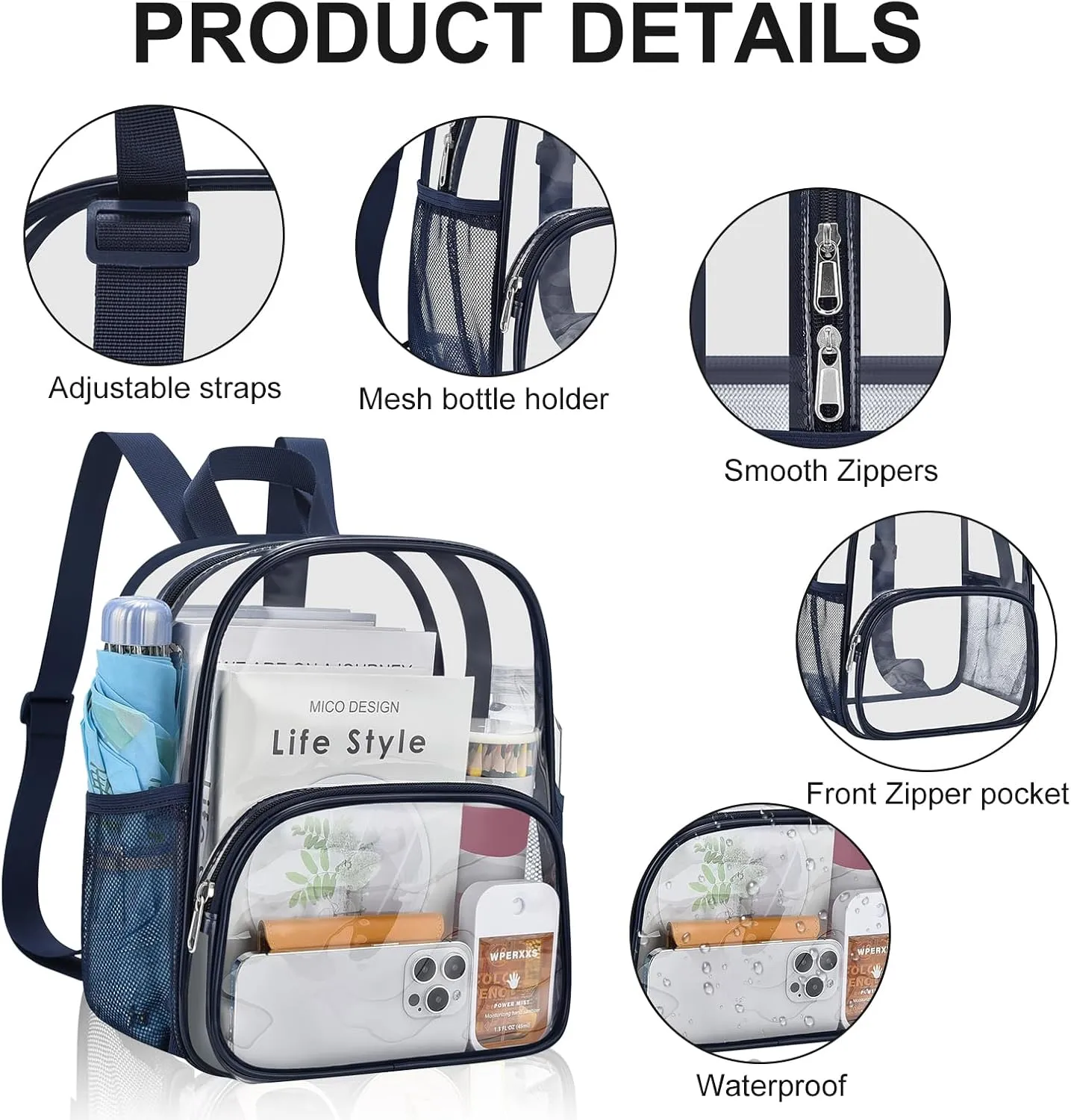 USPECLARE Clear Backpack for Stadium Events Small Clear Backpack 11.5x9.5x6 for Concert Sport Events Work Travel