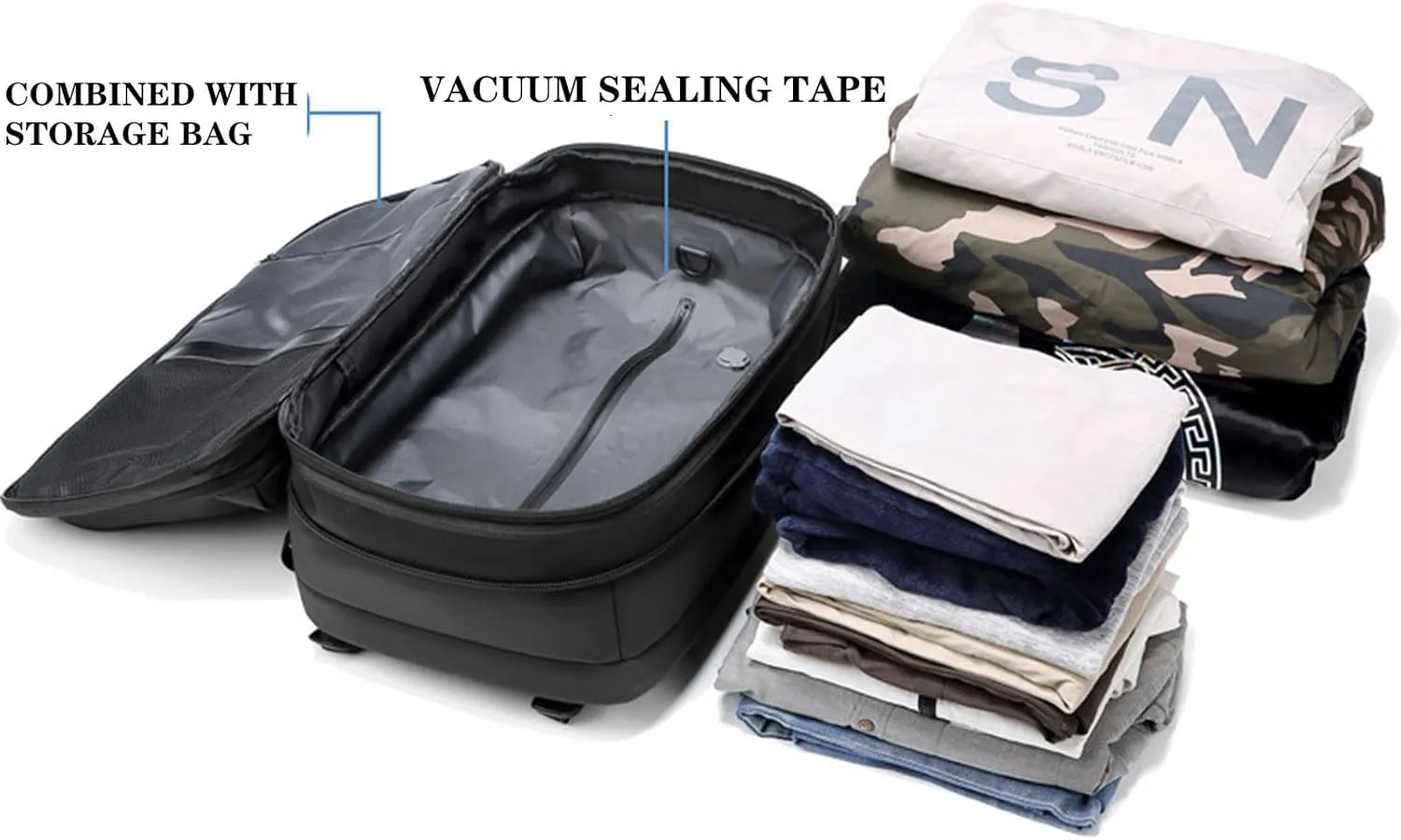 Vacbag Backpack, 60L Expandable Backpack with Vacuum Compression, Waterproof Vacuum Backpack for Travel, Water Resistant (Blue  Vacuum Pump)