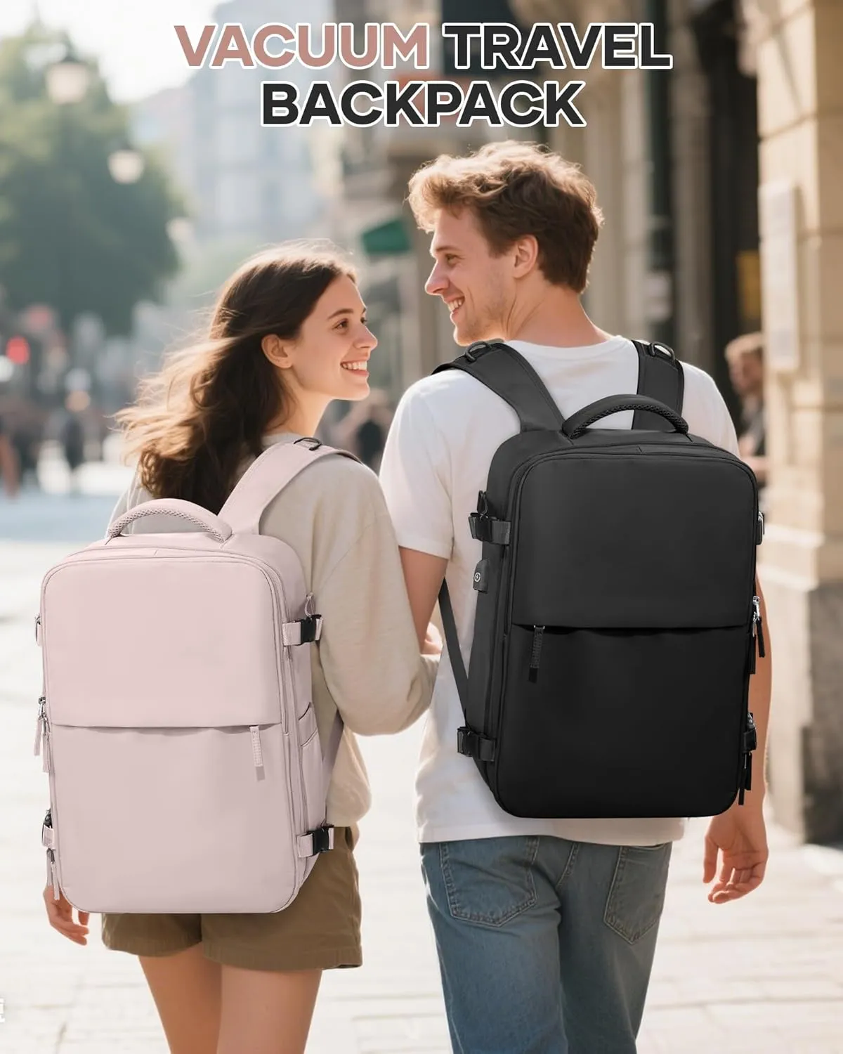 Vacuum Travel Backpack with Pump for Women,Airback Personal Item Carry on Backpacks Flight Approved 18x14x8 inches for Men,Laptop Waterproof Work Compression bags Casual Daypack,Pink.