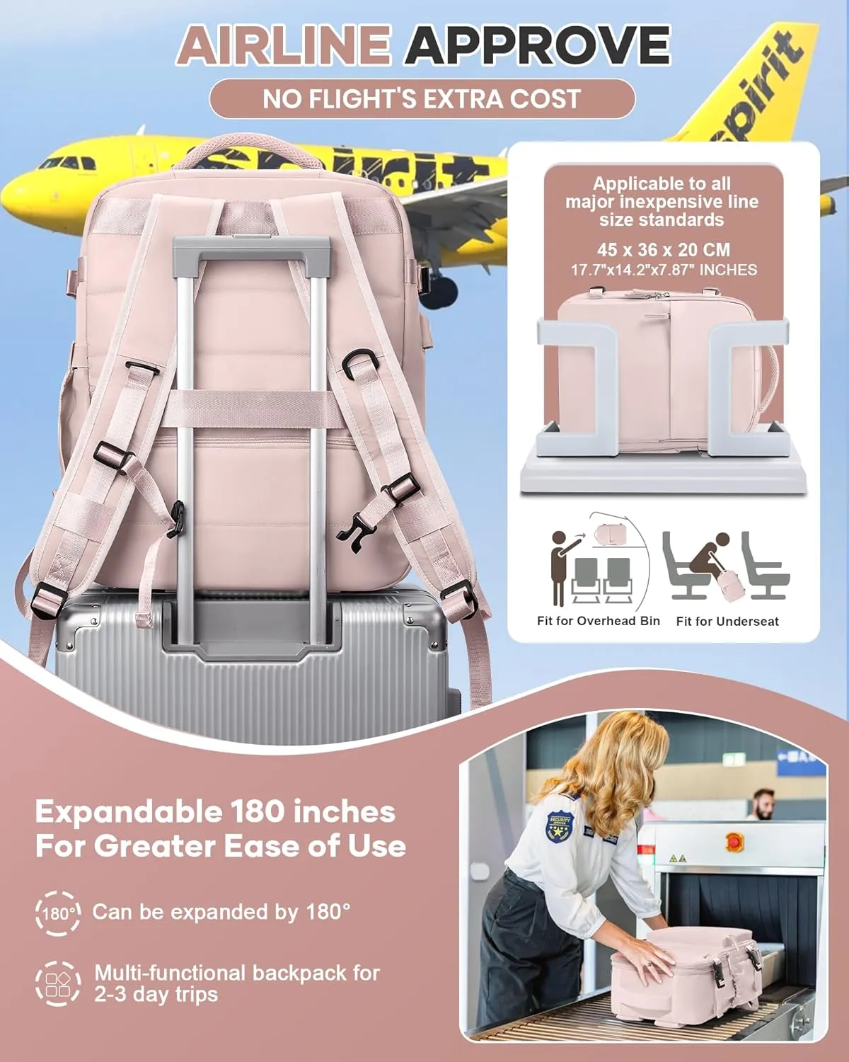 Vacuum Travel Backpack with Pump for Women,Airback Personal Item Carry on Backpacks Flight Approved 18x14x8 inches for Men,Laptop Waterproof Work Compression bags Casual Daypack,Pink.